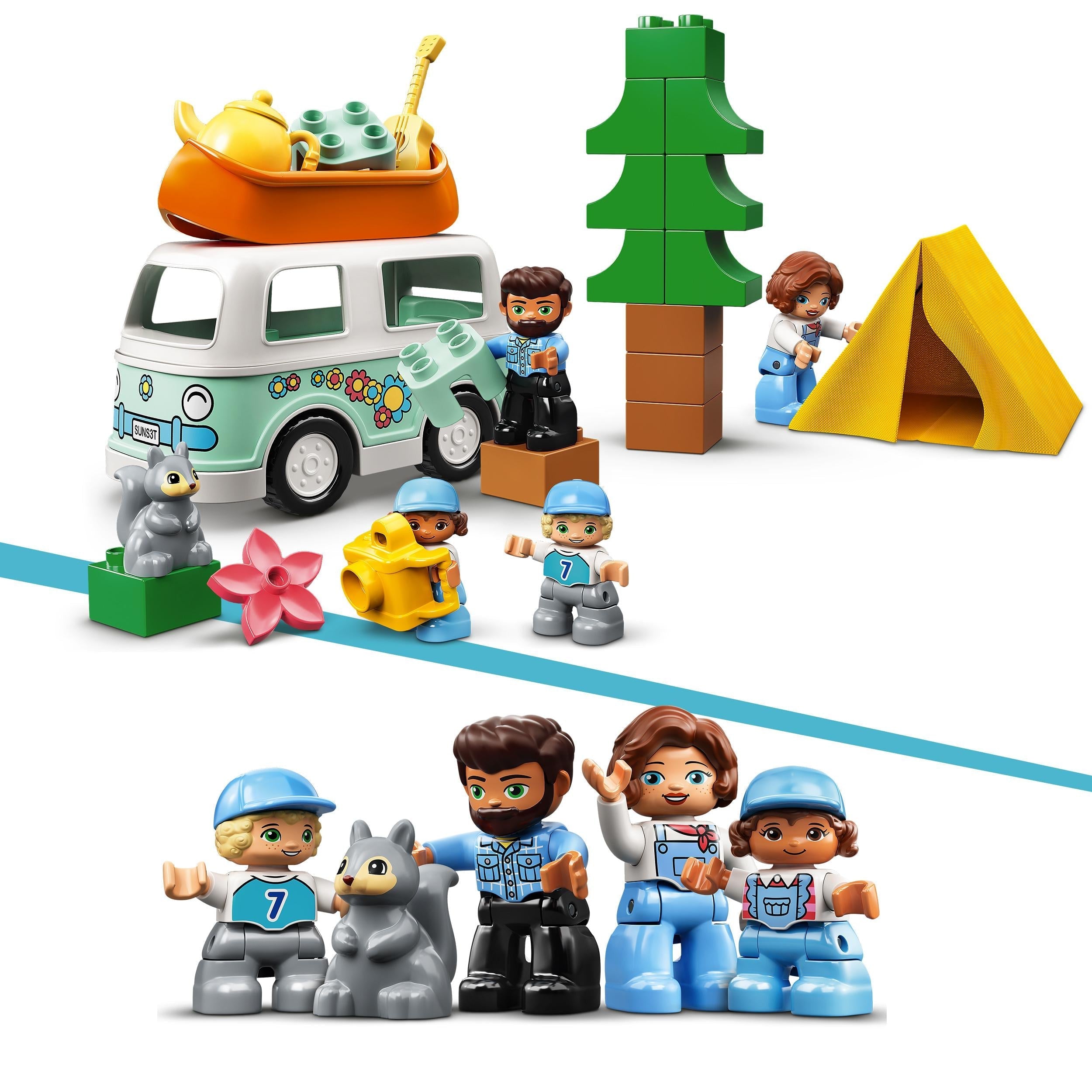 LEGO® DUPLO Family Camping Van Adventure Set 10946 featuring camper van, tent, animals, and playful family figures.