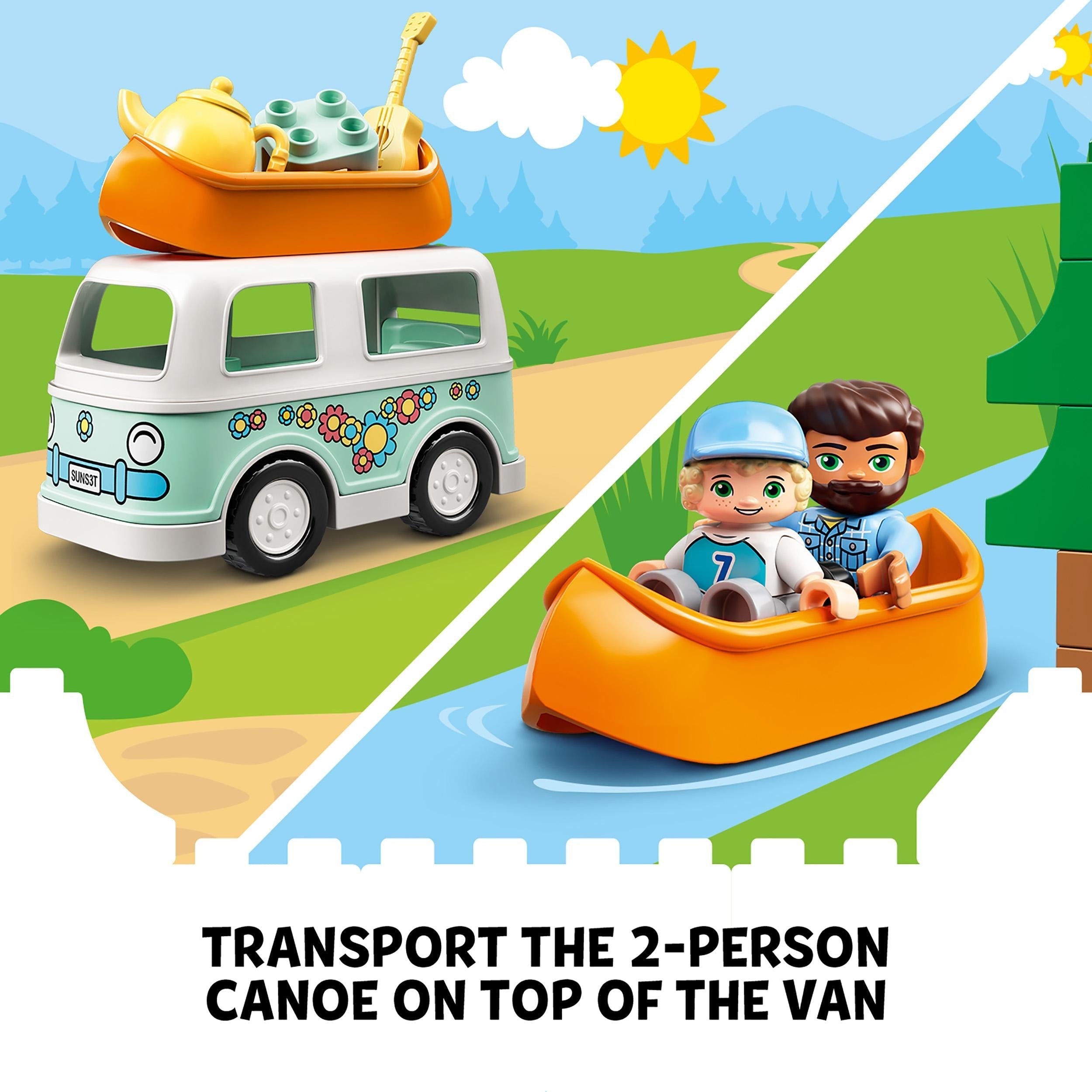 LEGO DUPLO Family Camping Van with canoe on top; kids enjoying a fun camping adventure by the river.