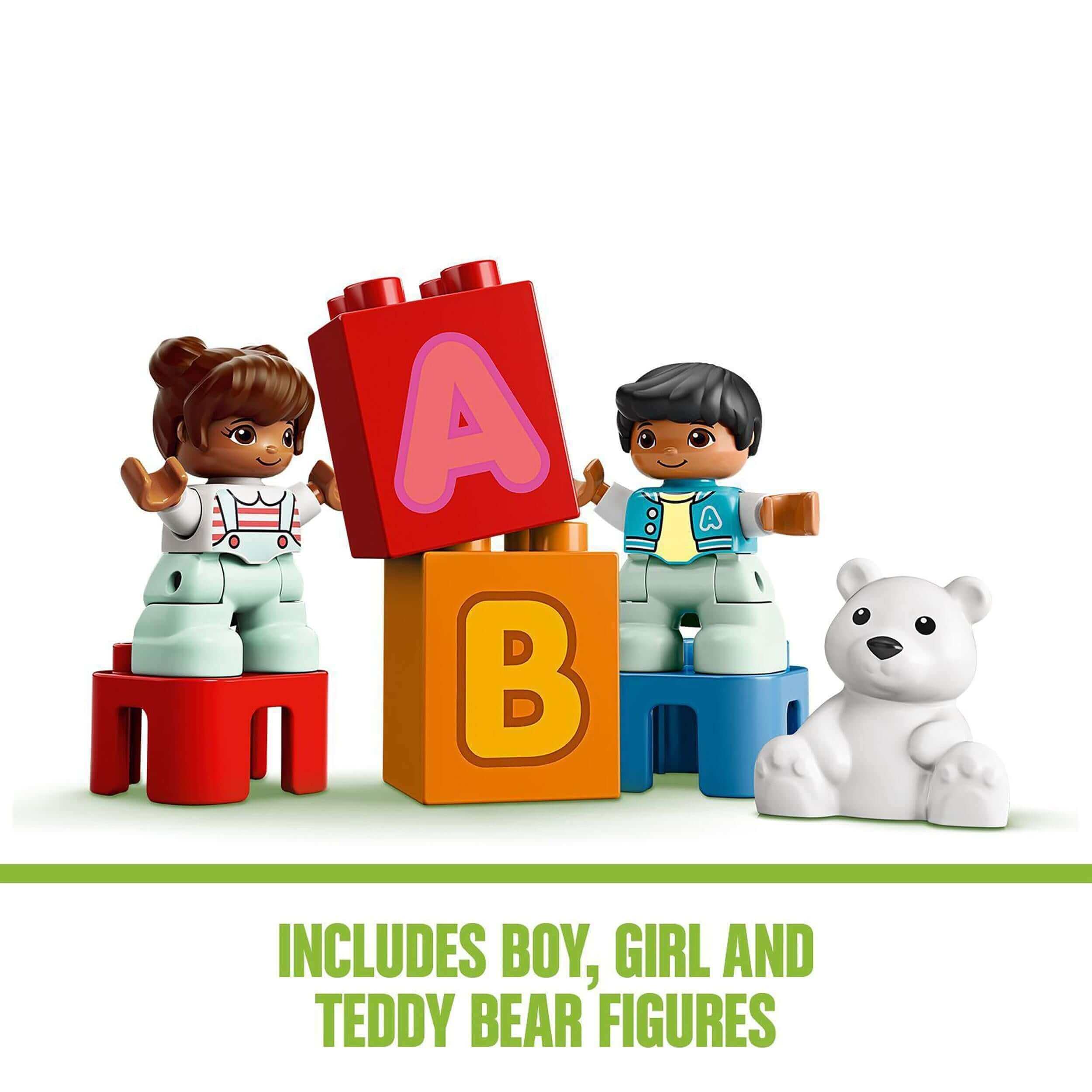 LEGO® DUPLO Alphabet Truck with boy, girl, and teddy bear figures learning letters A and B in playful setting.