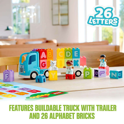 LEGO® DUPLO My First Alphabet Truck Set 10915 with colorful letters, truck, and kids, promoting alphabet learning and play.