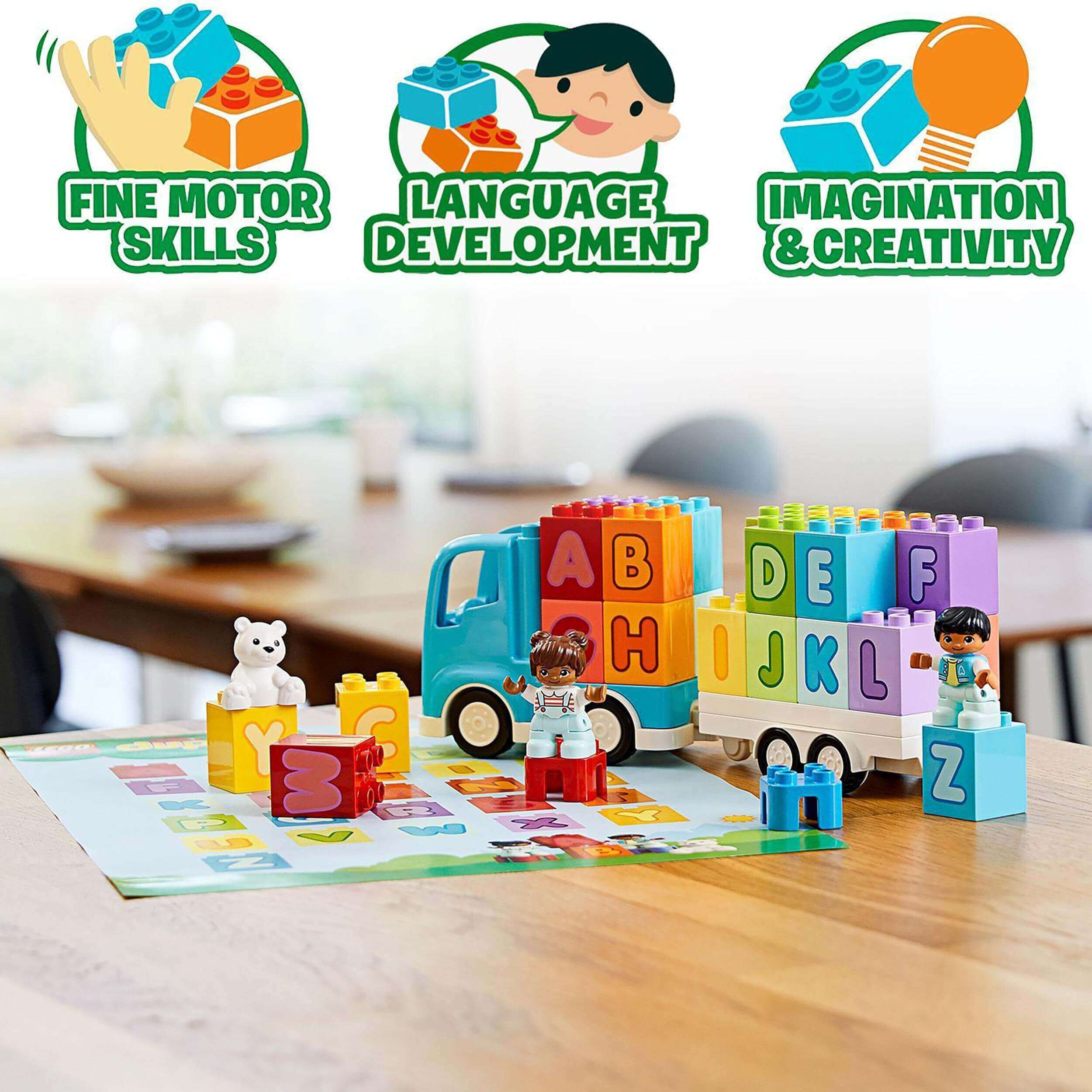 LEGO® DUPLO My First Alphabet Truck Set 10915 showcasing characters and colorful blocks for learning the alphabet through play.