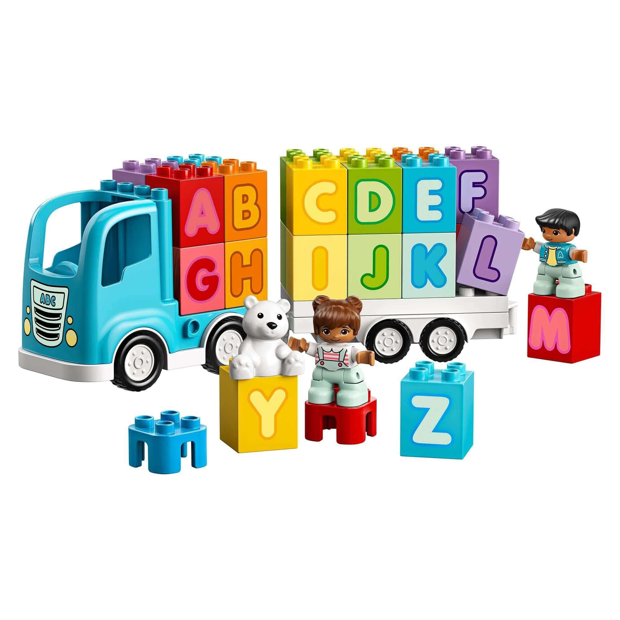LEGO® DUPLO My First Alphabet Truck Set 10915, showcasing colorful blocks, a truck, and children learning the alphabet.