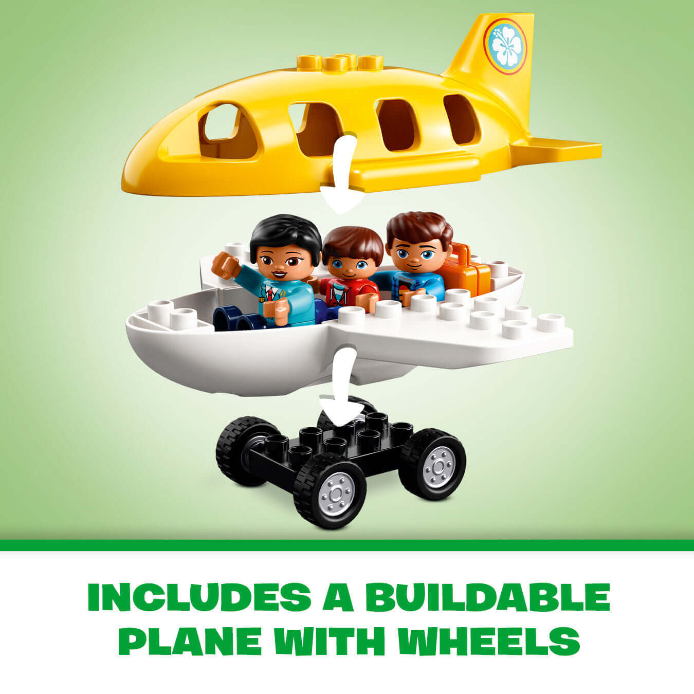 LEGO DUPLO airport set featuring a buildable plane with wheels and three characters ready for adventure.