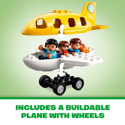 LEGO DUPLO airport set featuring a buildable plane with wheels and three characters ready for adventure.