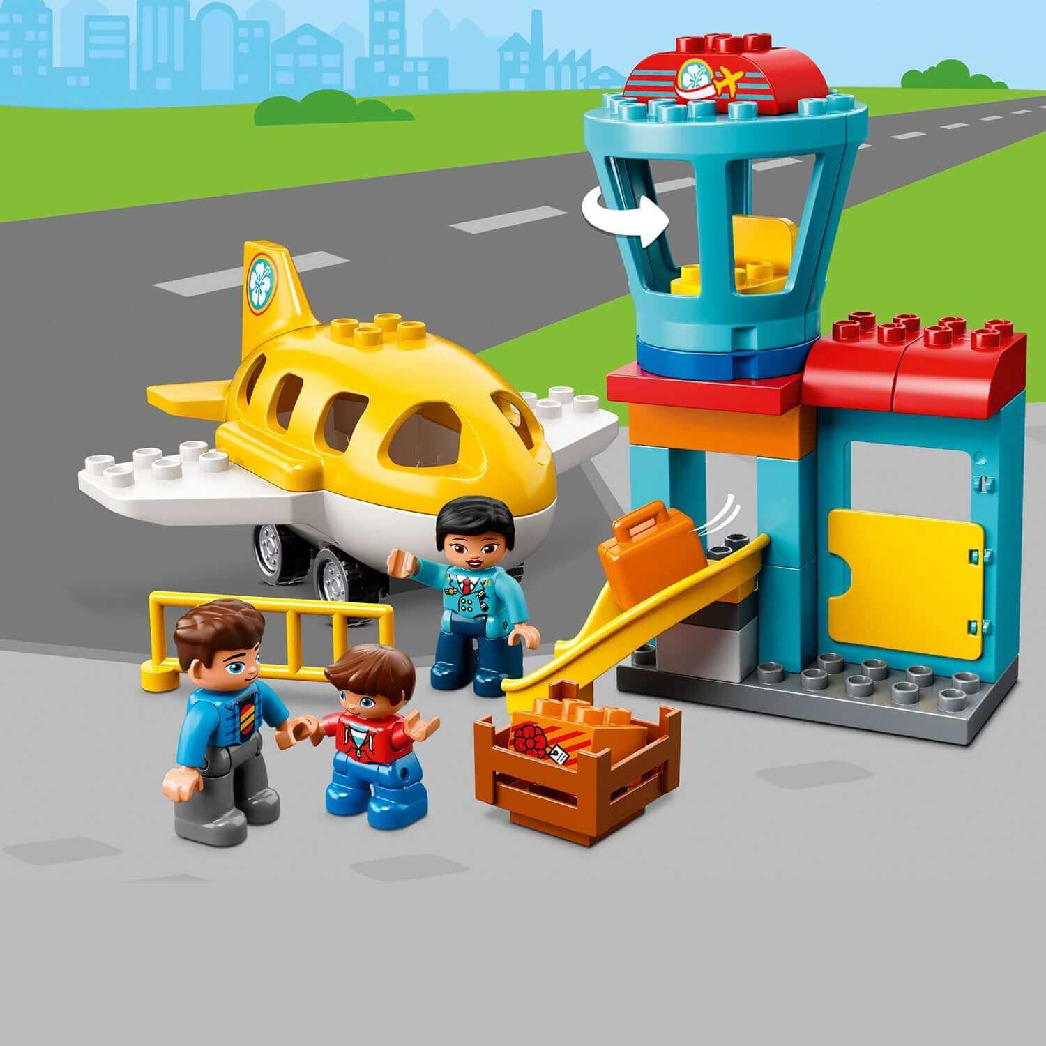 LEGO® DUPLO Airport Building Set 10871 with plane, control tower, and kids playing, perfect for toddlers' imaginative play.
