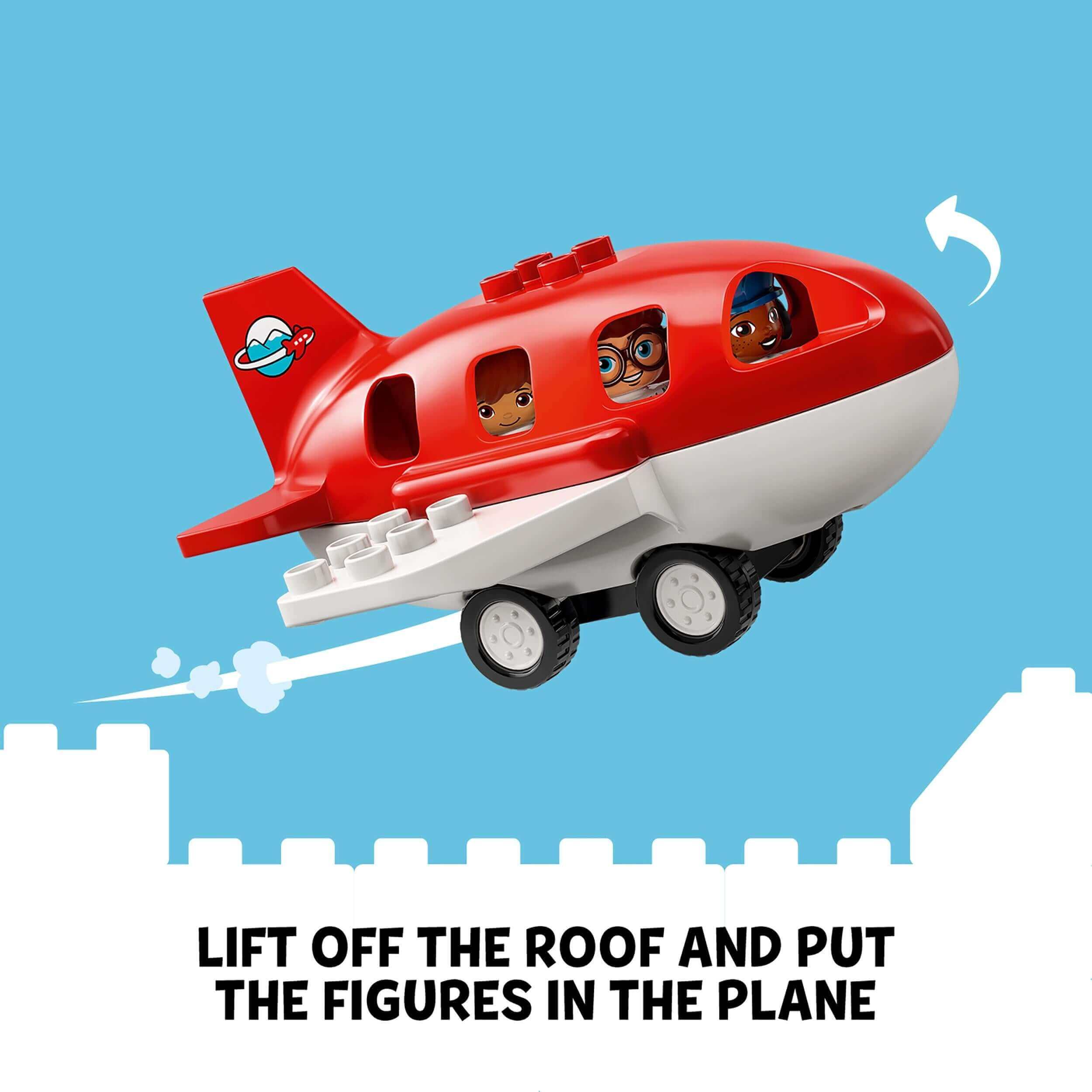 Colorful LEGO® DUPLO aeroplane toy with removable roof and figures for imaginative play and fun adventures.