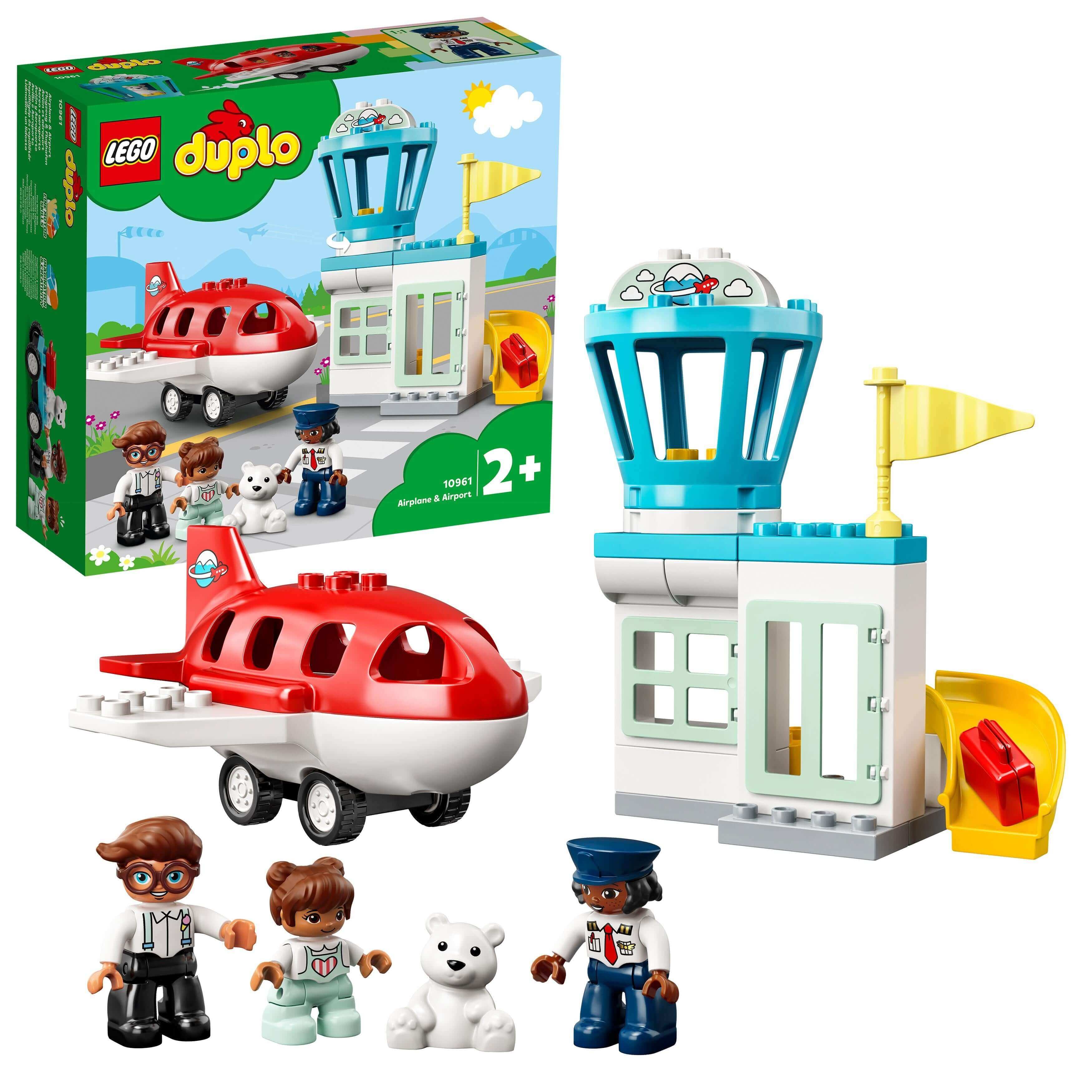 LEGO DUPLO Town Aeroplane & Airport Set 10961 with characters and a colorful airport scene for preschool play.