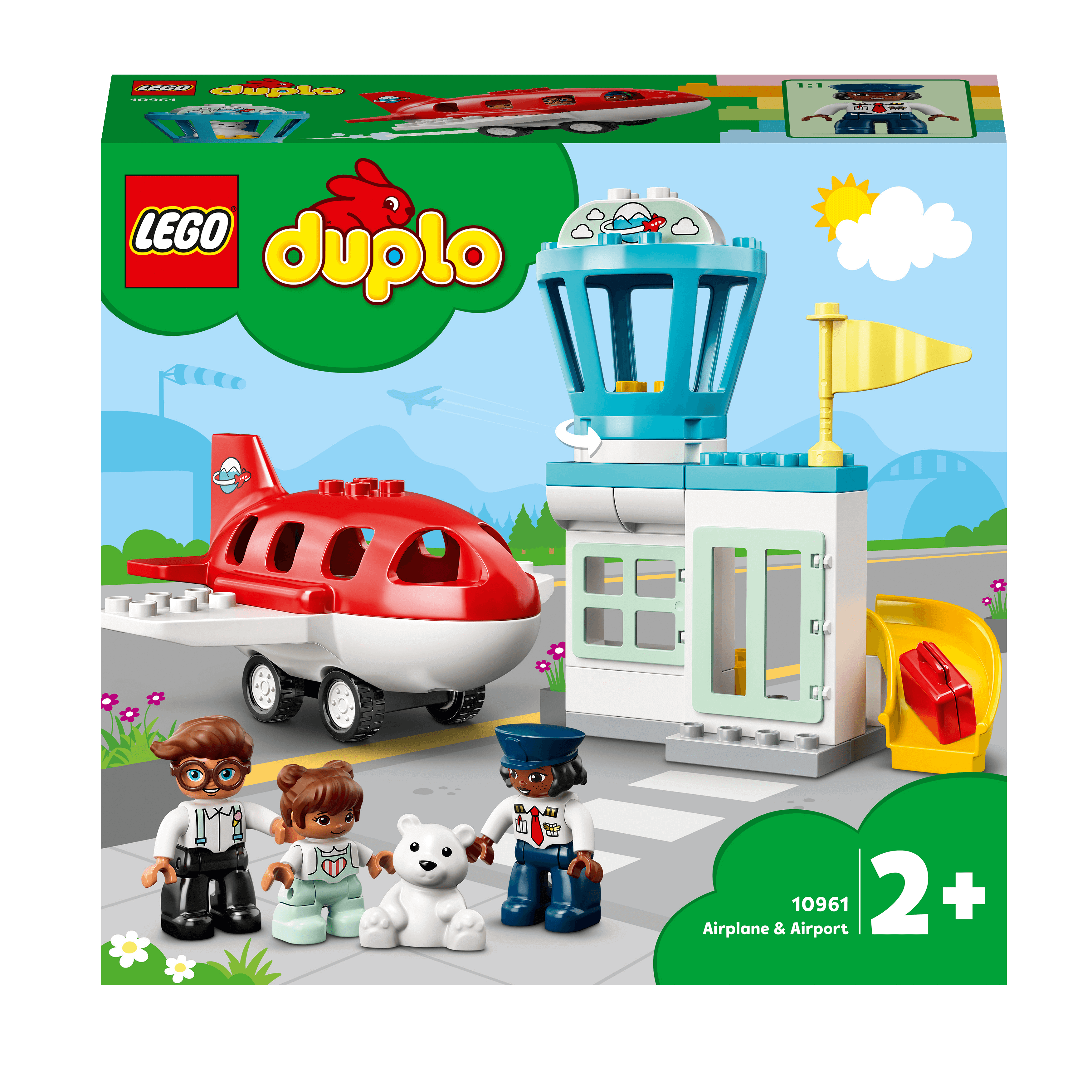 LEGO DUPLO Town Aeroplane & Airport Set 10961 with airplane, characters, and airport tower for preschool play.