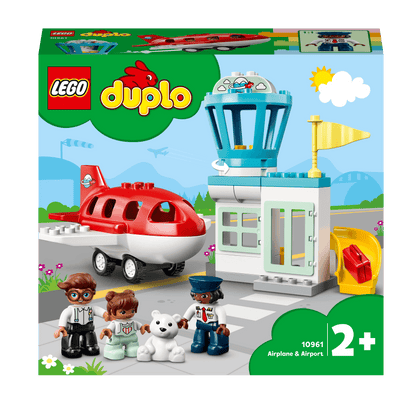 LEGO DUPLO Town Aeroplane & Airport Set 10961 with airplane, characters, and airport tower for preschool play.