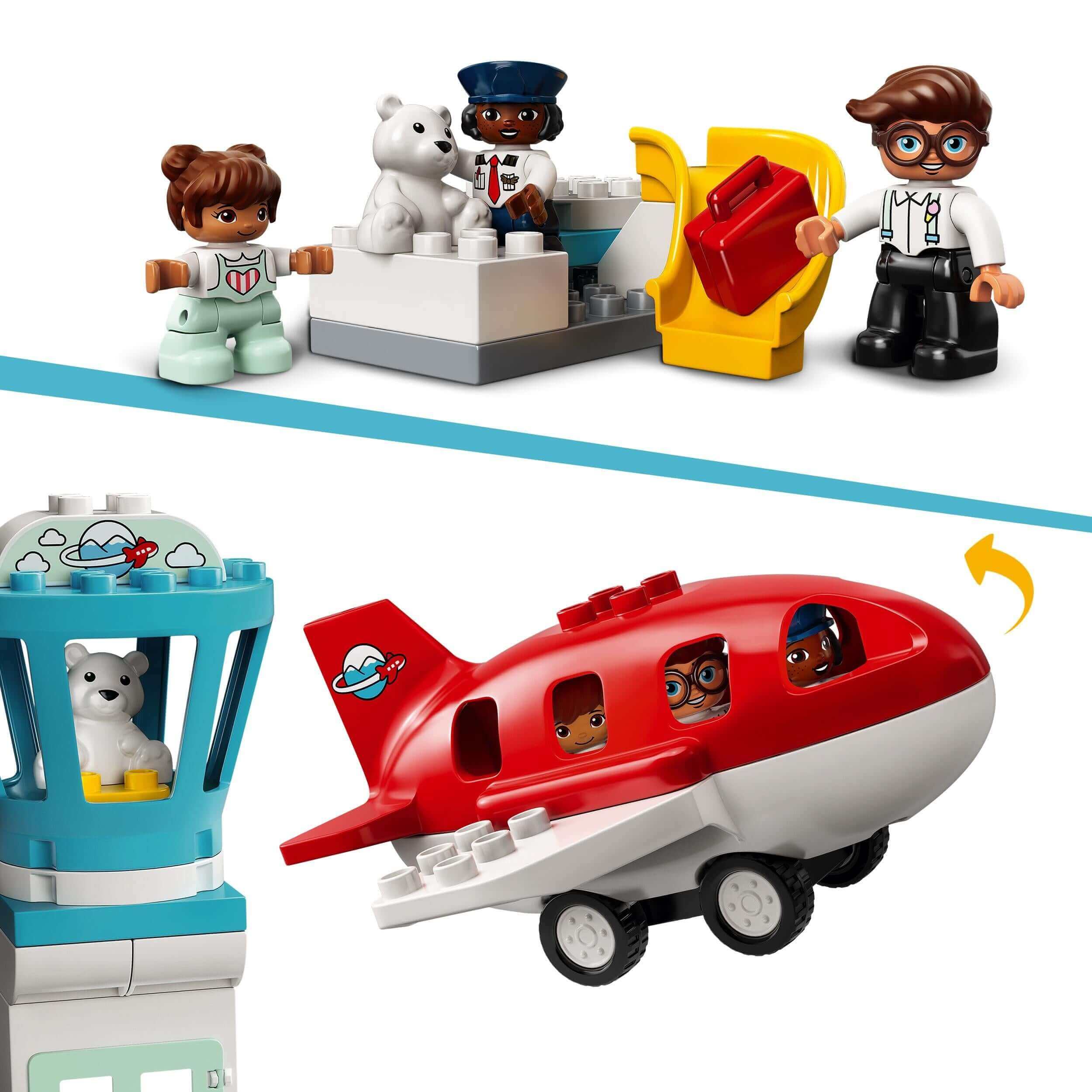 LEGO DUPLO Town Aeroplane & Airport Set with kids and bear, featuring an airplane and airport playset for preschoolers.