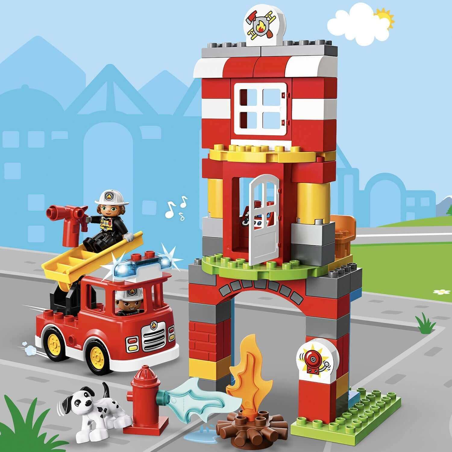 LEGO® DUPLO Town Fire Station Building Set 10903 with fire engine, firefighter, and fun features like light and sound.