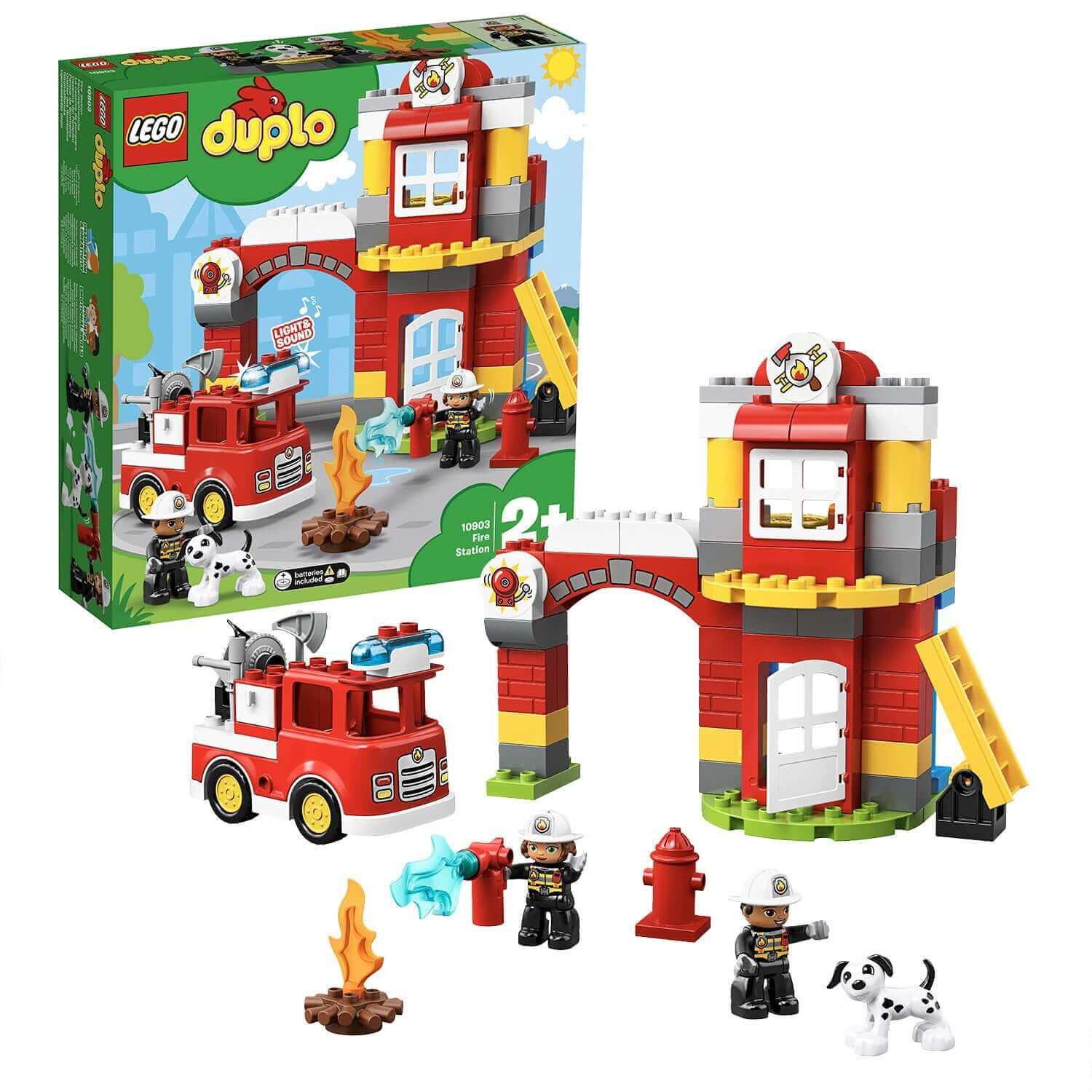 LEGO DUPLO Town Fire Station Building Set 10903 featuring fire truck, firefighters, and accessories, ideal for creative play.