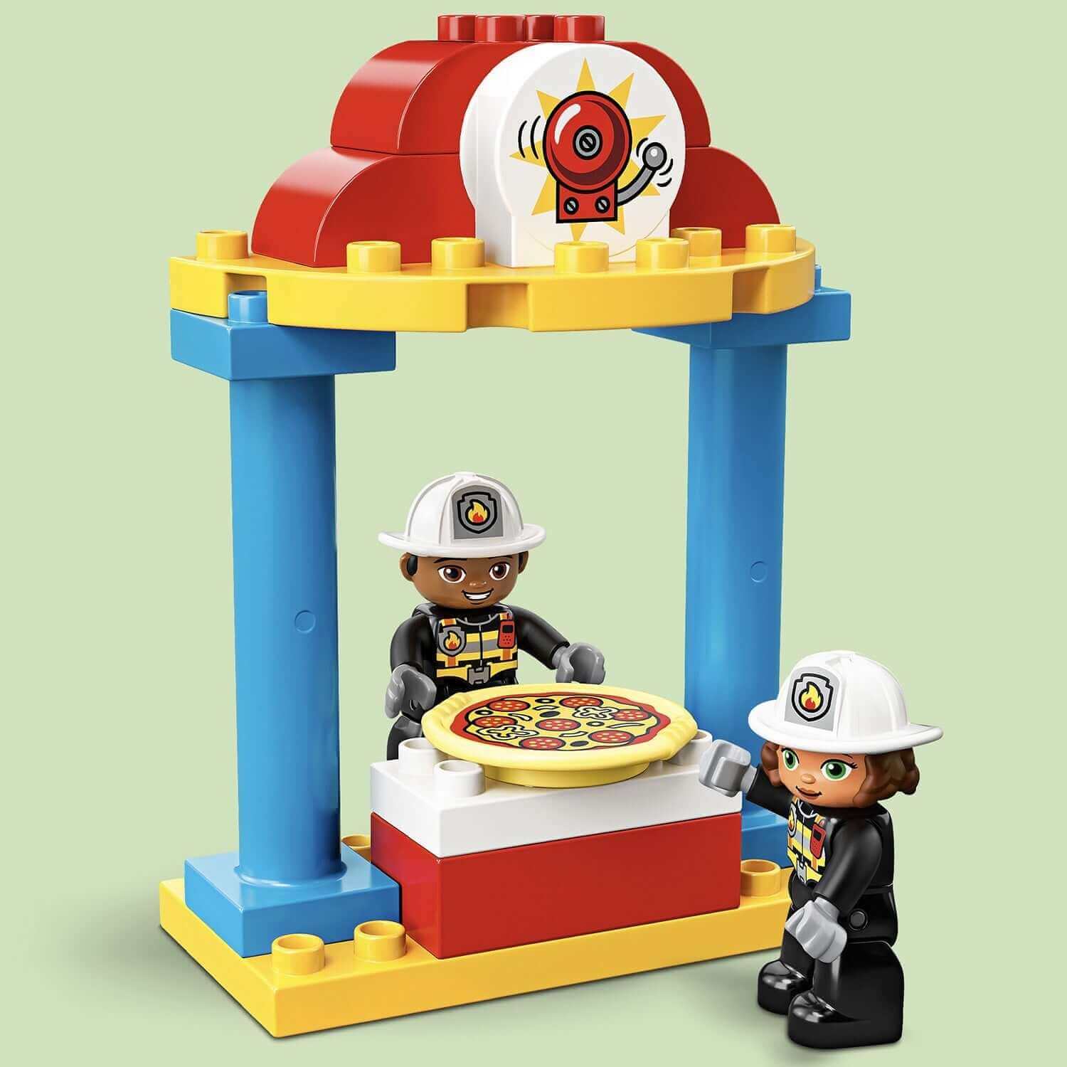 LEGO DUPLO Town Fire Station Building Set 10903 featuring firefighter minifigures and a pizza delivery setup.