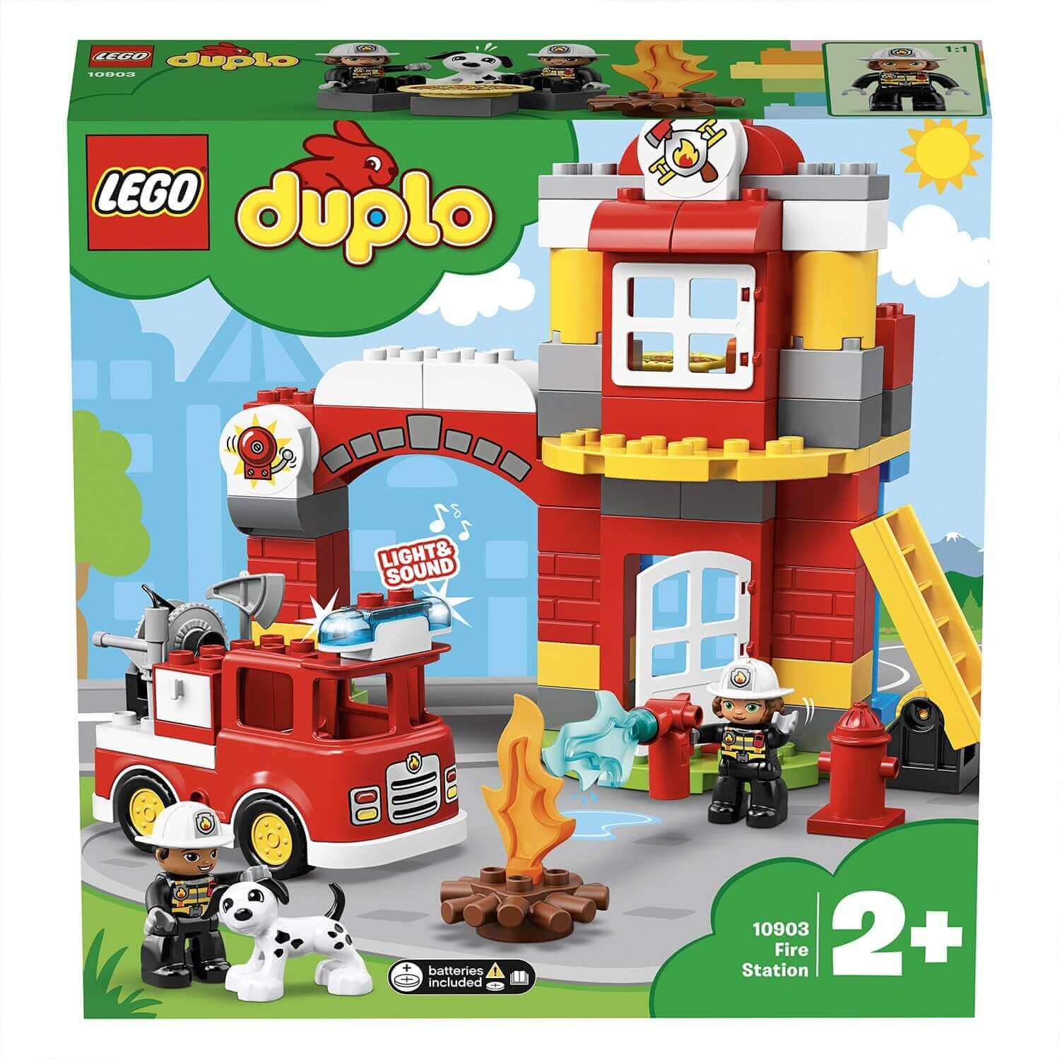LEGO DUPLO Town Fire Station Building Set 10903 with lights and sound, includes fire engine and figures for ages 2+.