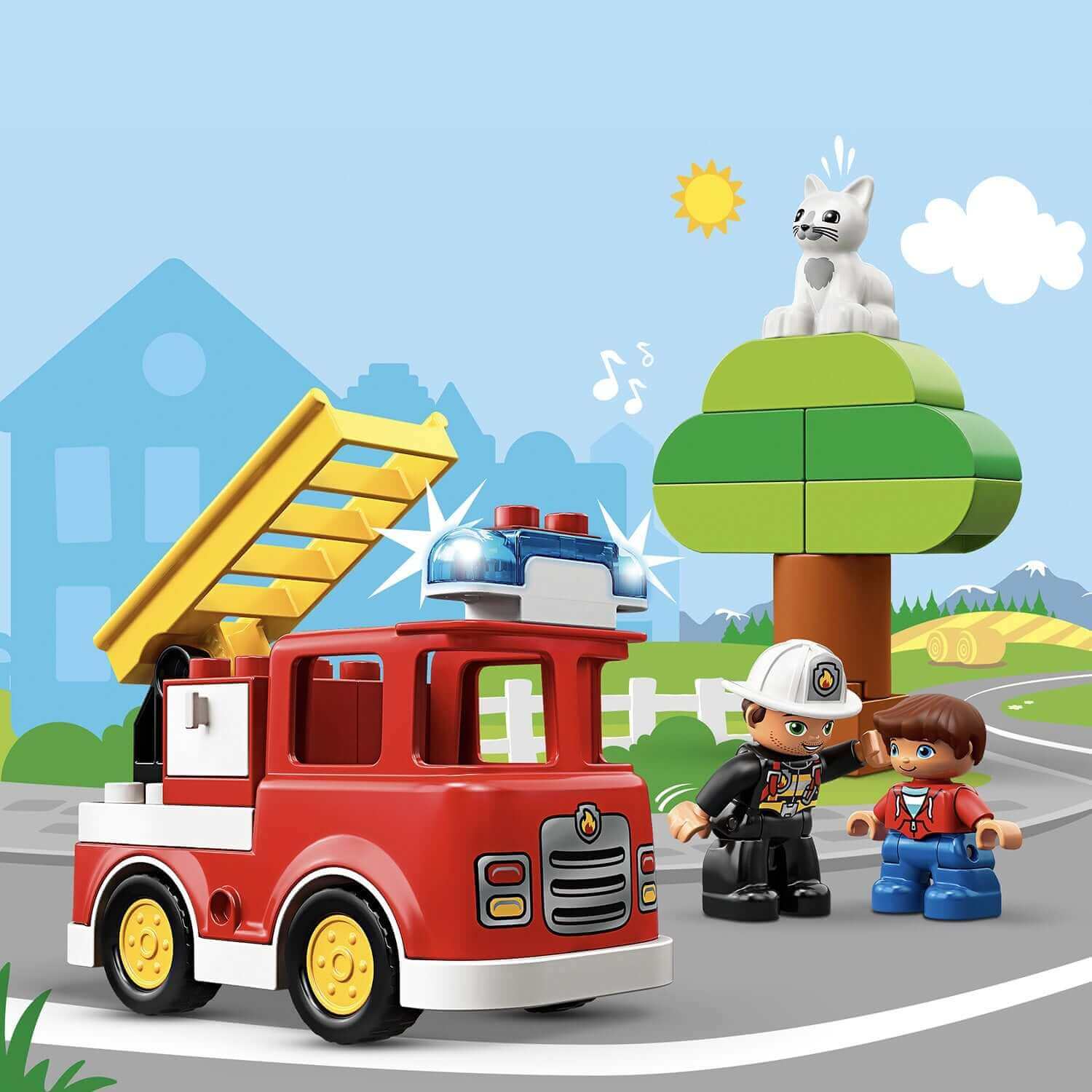 LEGO® DUPLO Town Fire Truck set 10901 featuring a firefighter, boy, tree, and a cat for toddlers' imaginative play.