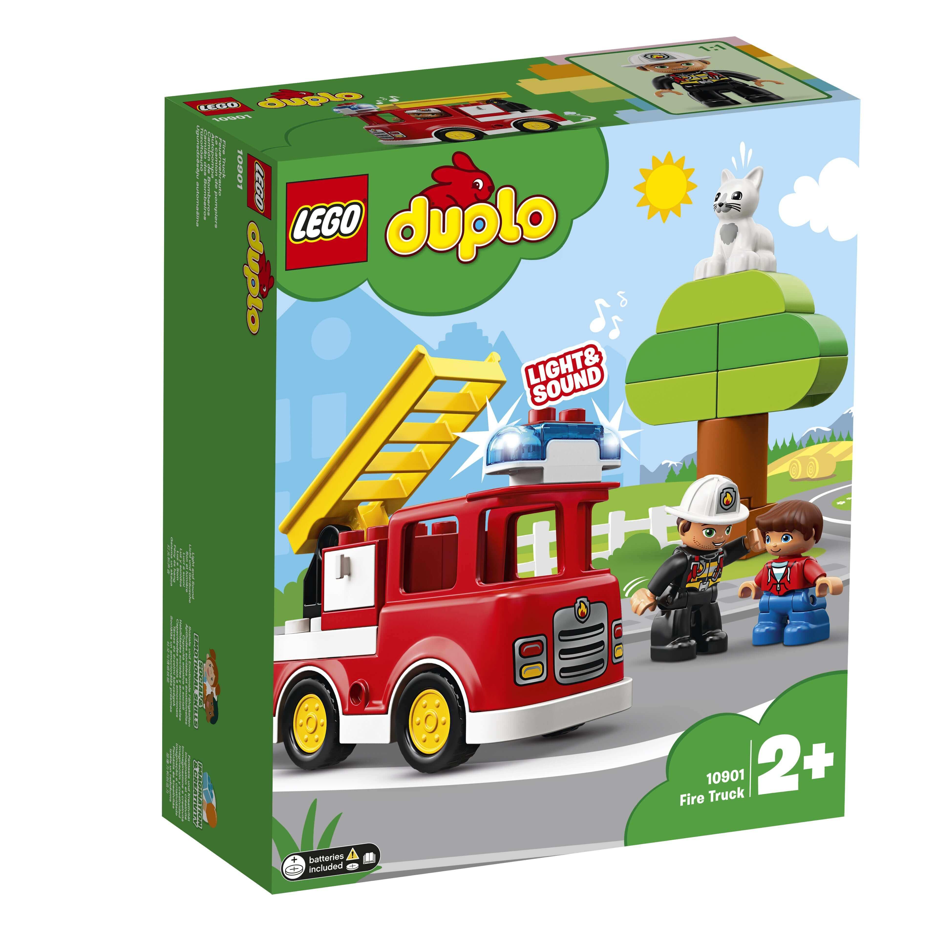 LEGO® DUPLO Town Fire Truck Building Set 10901 with light and sound features, ideal for toddlers, featuring firefighter and cat rescue.