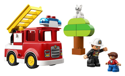 LEGO® DUPLO Town Fire Truck set with firefighter, boy, and tree, designed for toddler rescue play.