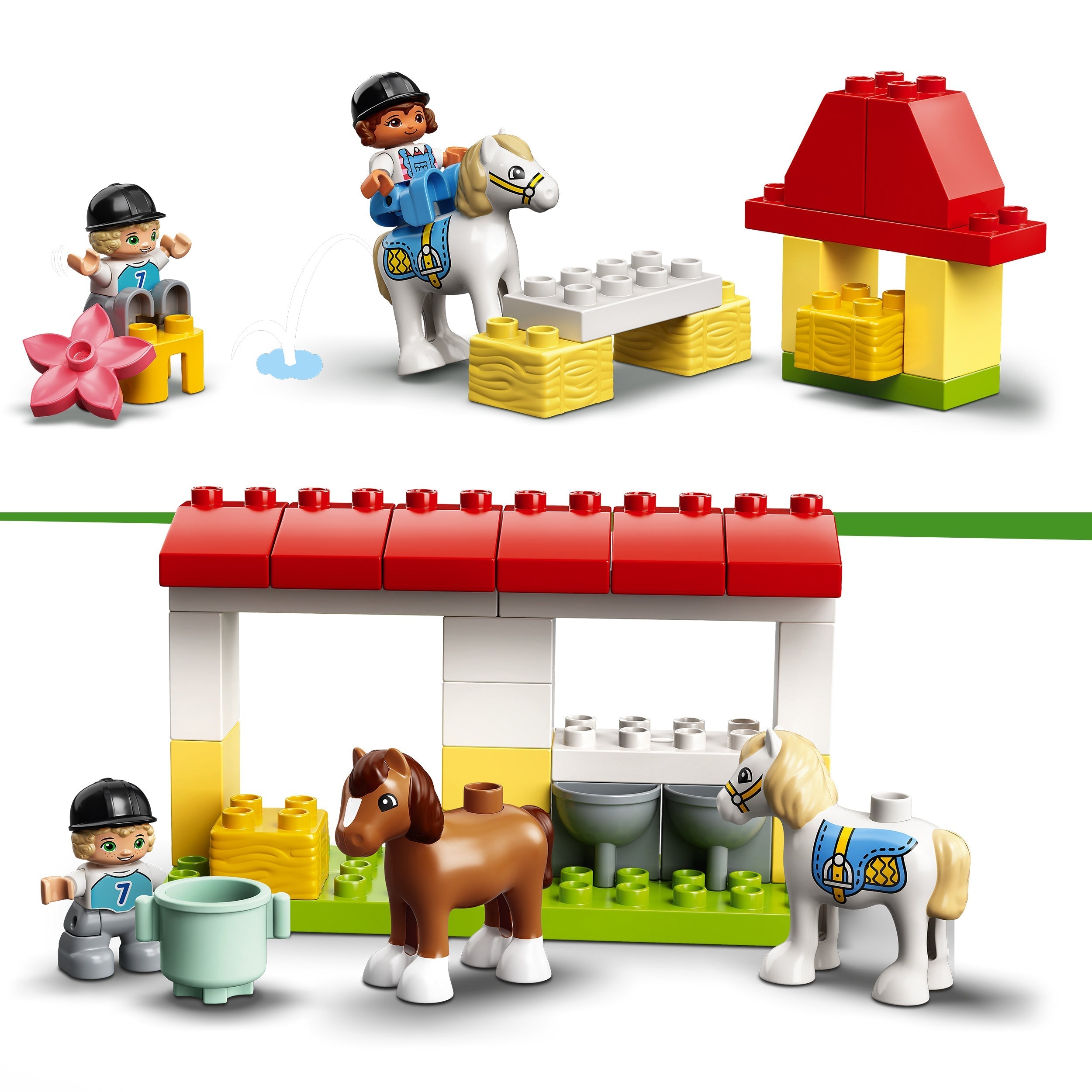LEGO DUPLO Town Horse Stable toy featuring two ponies, kids playing, and fun accessories for animal care.