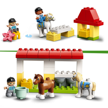 LEGO DUPLO Town Horse Stable toy featuring two ponies, kids playing, and fun accessories for animal care.