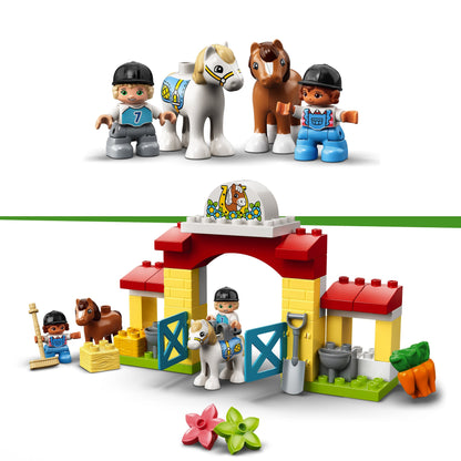 LEGO DUPLO Town Horse Stable 10951 with ponies, kids, and care accessories for imaginative toddler play.