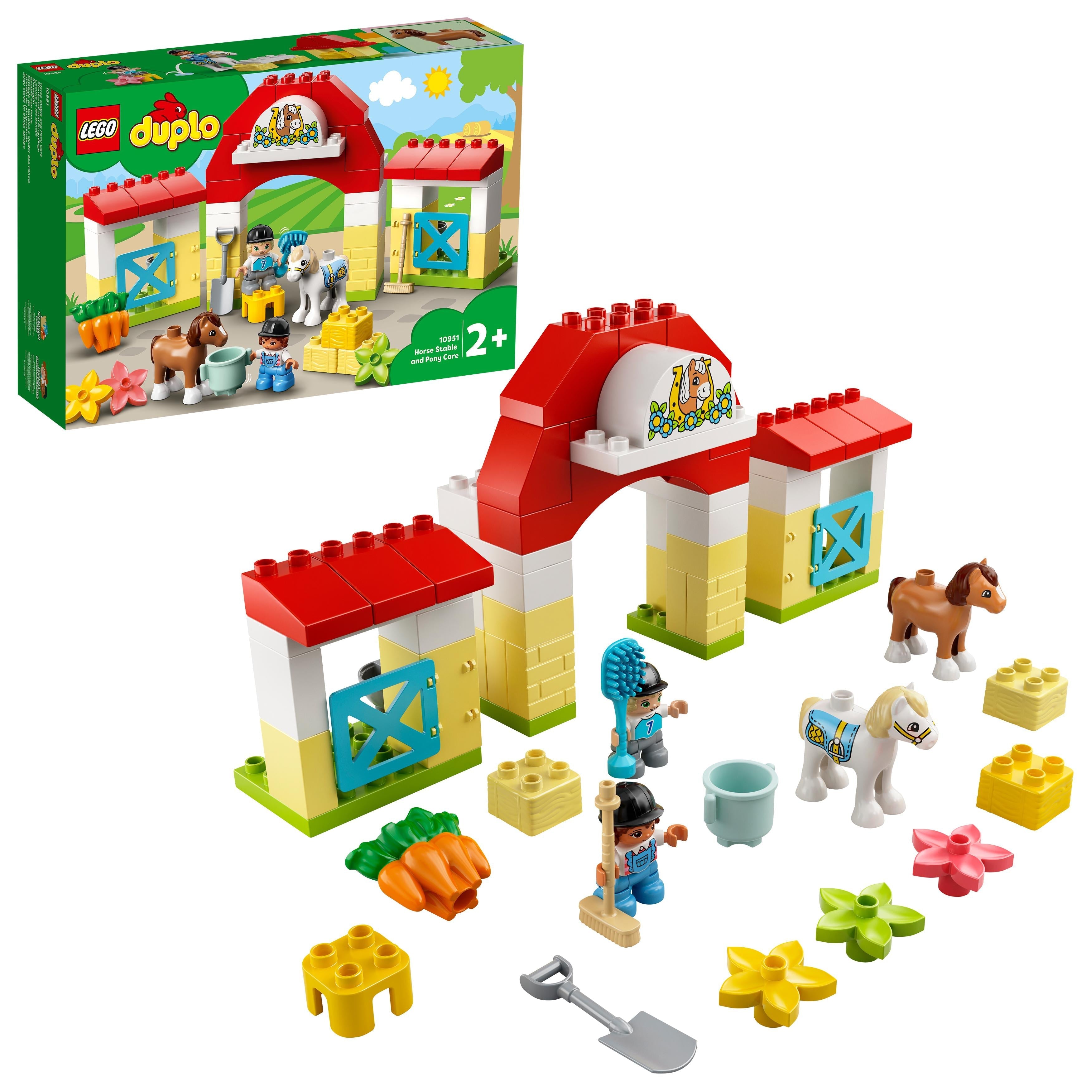 LEGO DUPLO Town Horse Stable set 10951 with ponies, caretaker, and accessories for imaginative toddler play.
