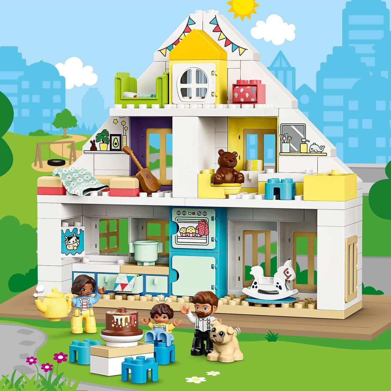 Colorful LEGO® DUPLO Town Modular Playhouse set with children playing and a dog, featuring 3 buildable houses for imaginative fun.
