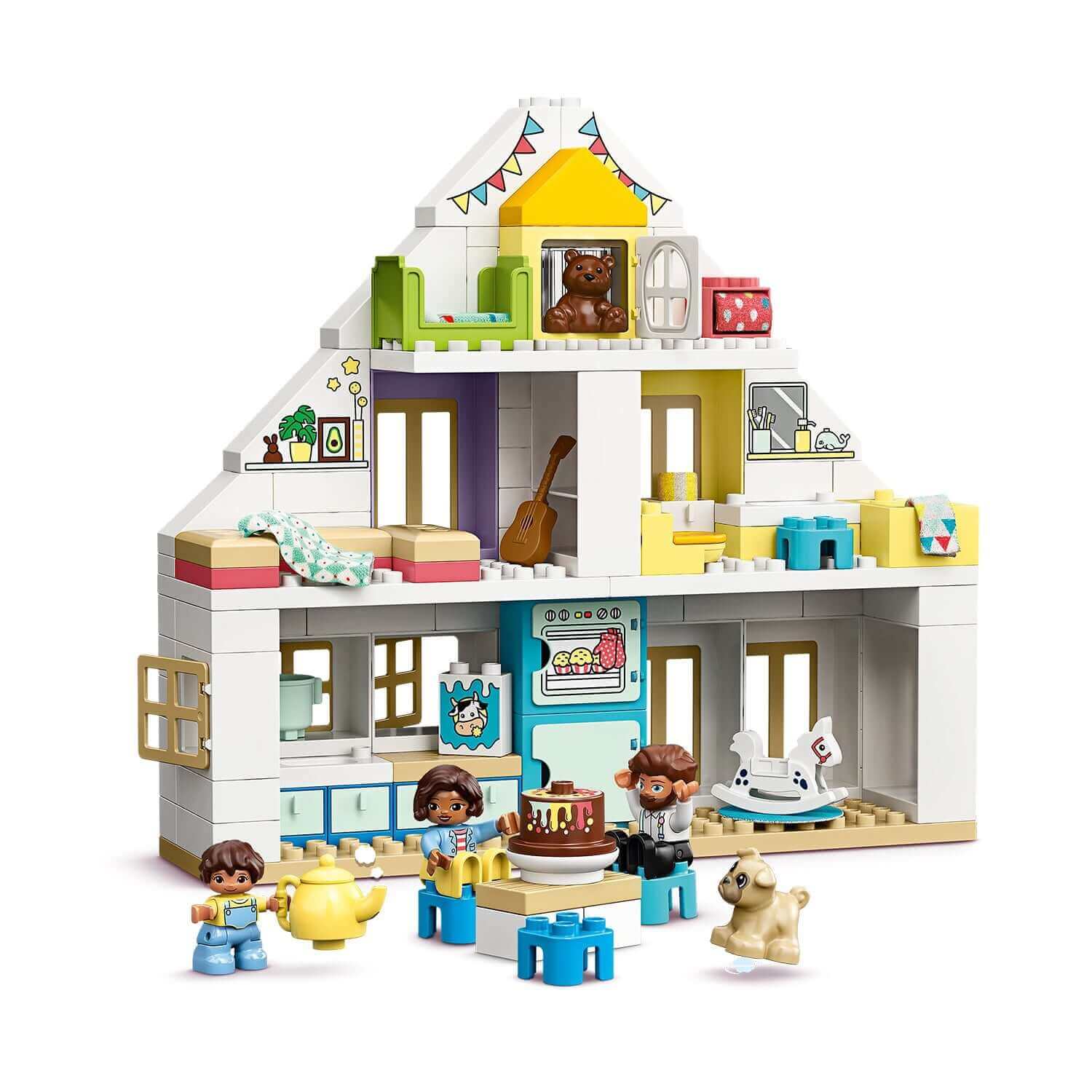 LEGO DUPLO Town Modular Playhouse Set 10929 with kids, pets, and colorful accessories for imaginative play.