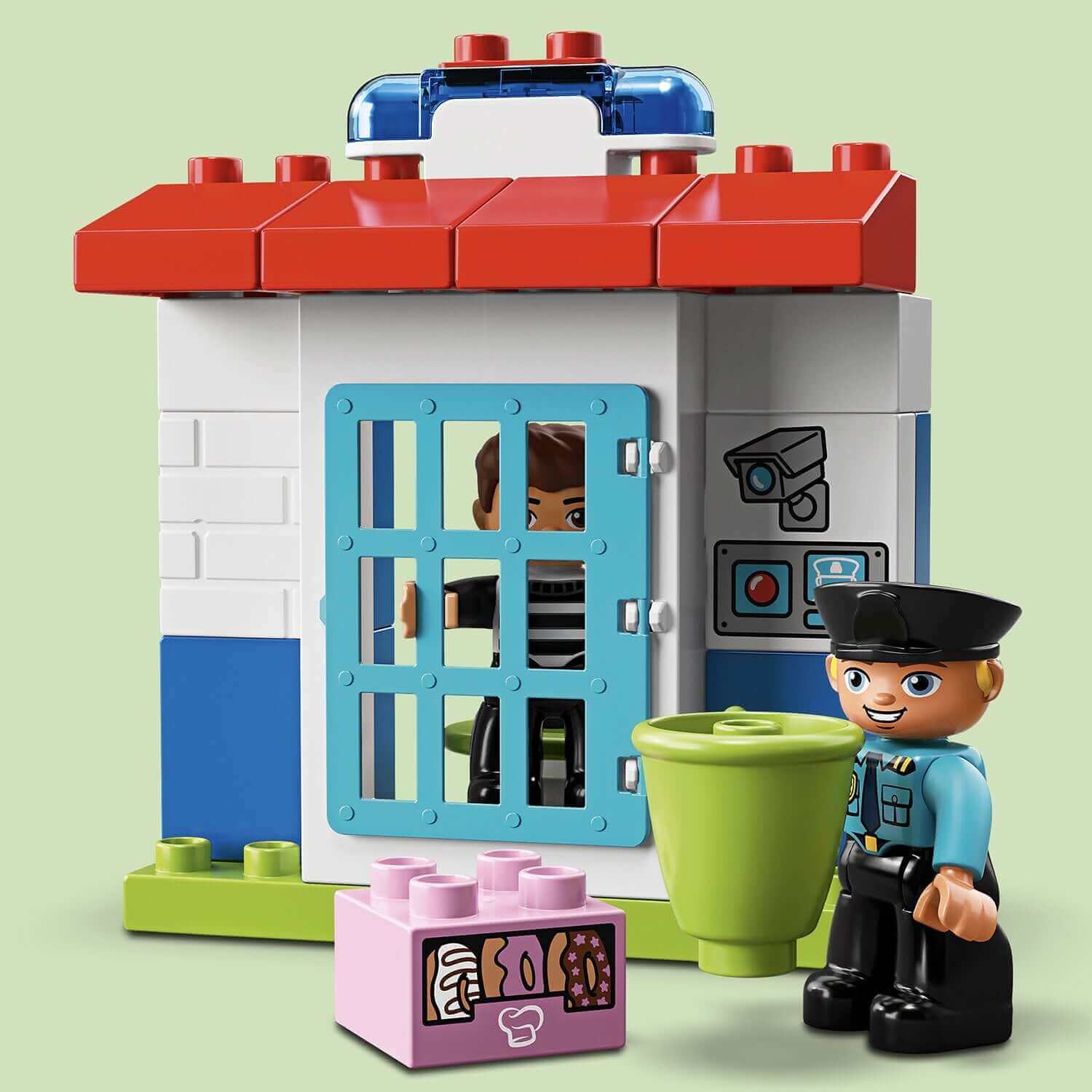 LEGO DUPLO Town Police Station set featuring a police officer and a prisoner, promoting imaginative preschool play.