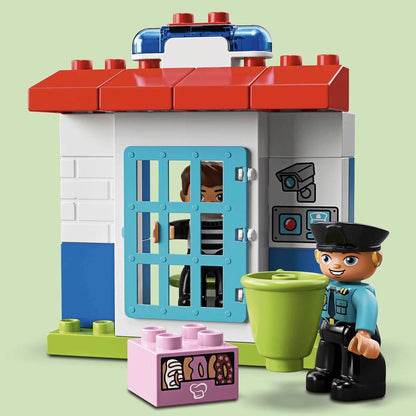 LEGO DUPLO Town Police Station set featuring a police officer and a prisoner, promoting imaginative preschool play.