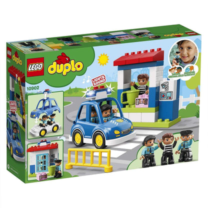 LEGO DUPLO Town Police Station Building Set 10902 box featuring police station, police car, and characters with lights and sounds.