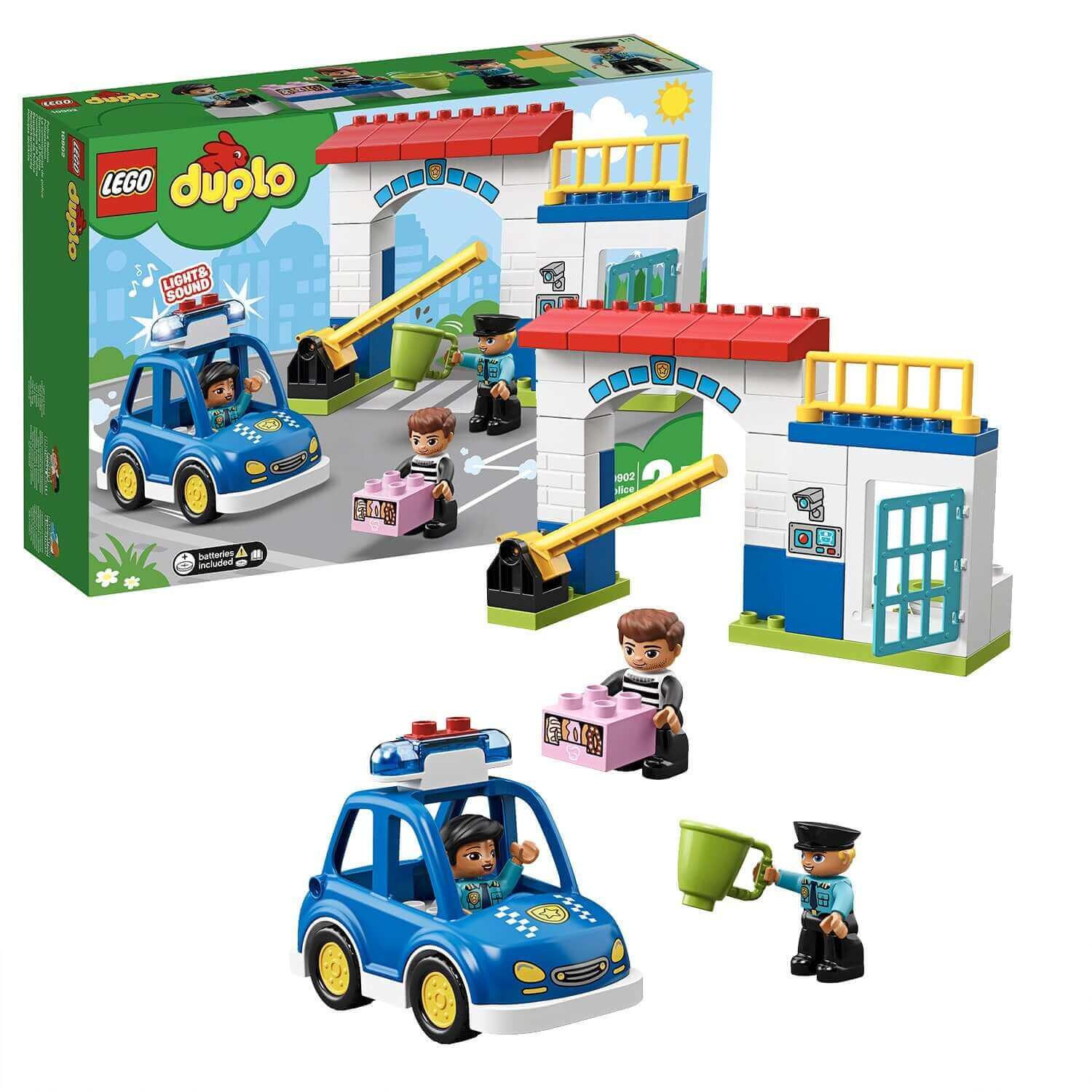 LEGO DUPLO Town Police Station Building Set 10902 with police car and figures in a colorful box.