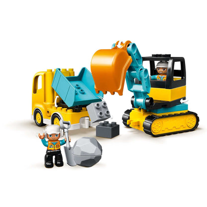 LEGO® DUPLO Truck & Tracked Excavator Set with construction worker, perfect for creative play and skill development.