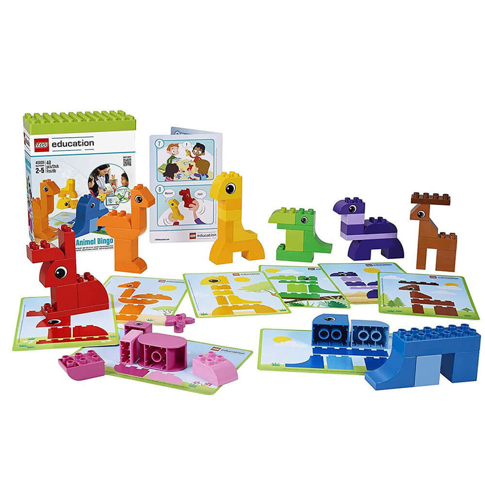 LEGO Education Animal Bingo 45009 set including colorful animal models, game cards, and visual instructions for kids.