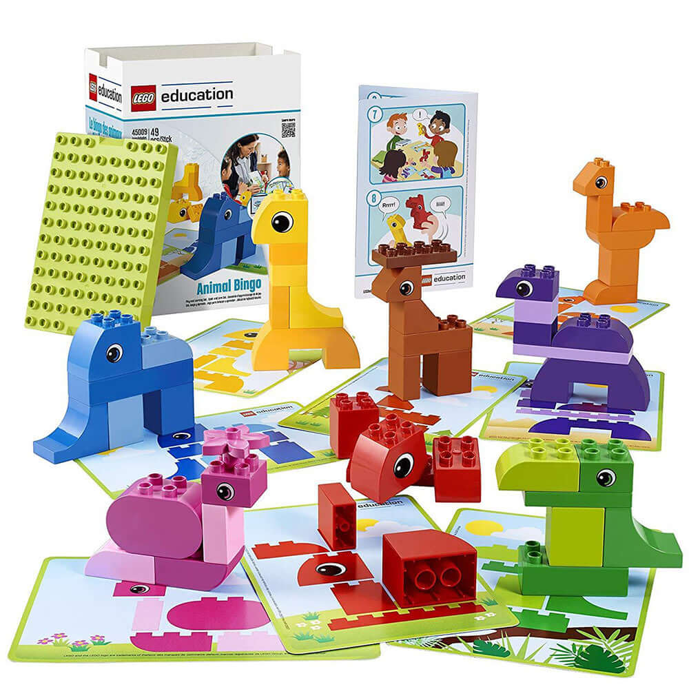 LEGO Education Animal Bingo 45009 set with colorful animal models and game cards for collaborative play and learning.