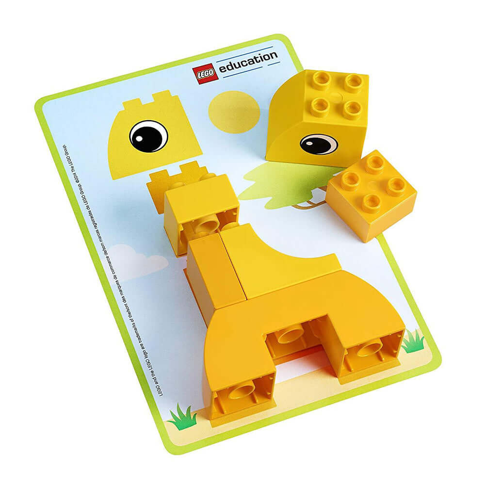 LEGO Education Animal Bingo game card with a colorful yellow giraffe model and building blocks.