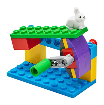 LEGO Education BricQ Motion Essential Set featuring a colorful structure with a toy rabbit and motion components.