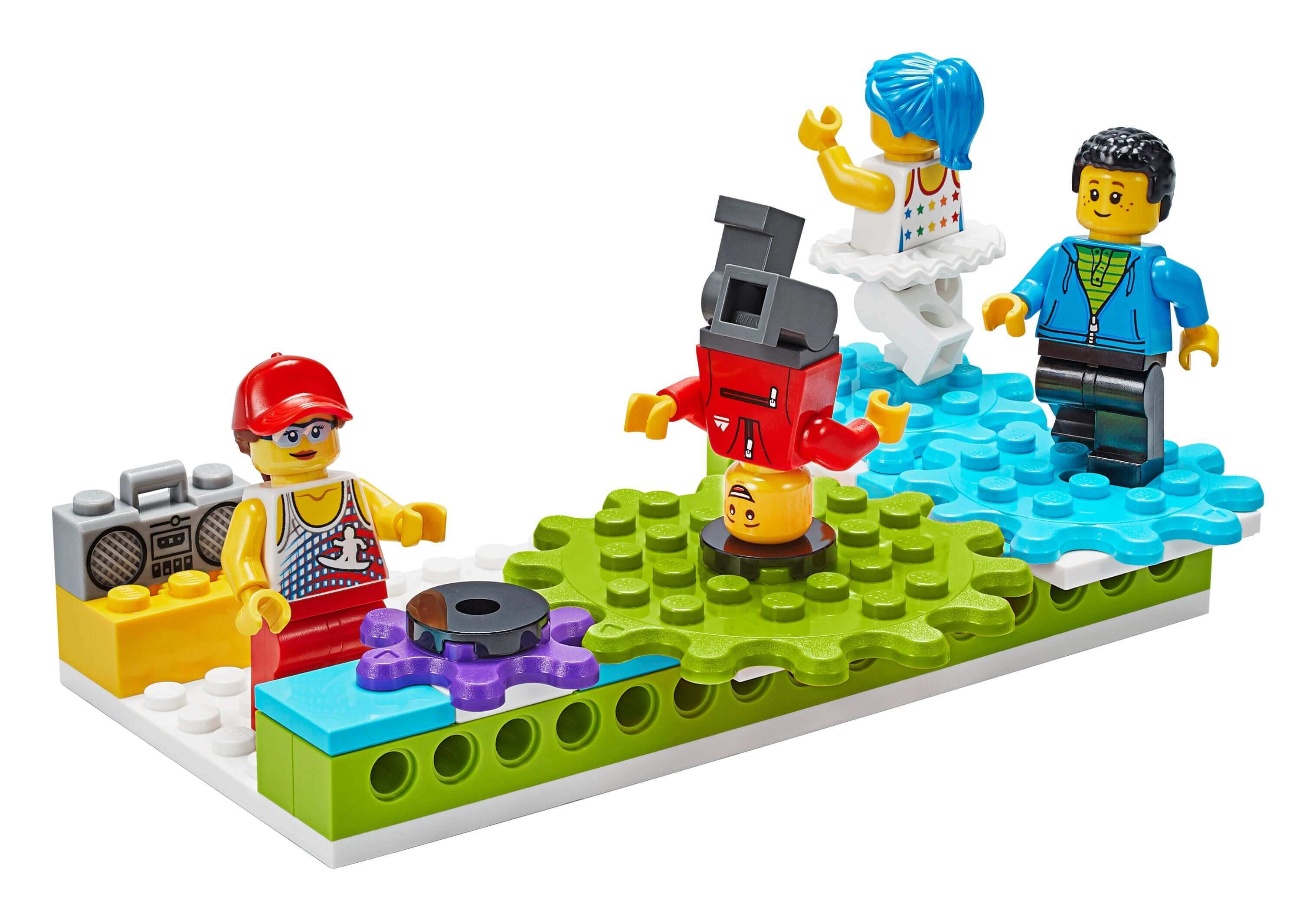 LEGO Education BricQ Motion Essential Set 45401 with mini-figures engaging in sports activities.