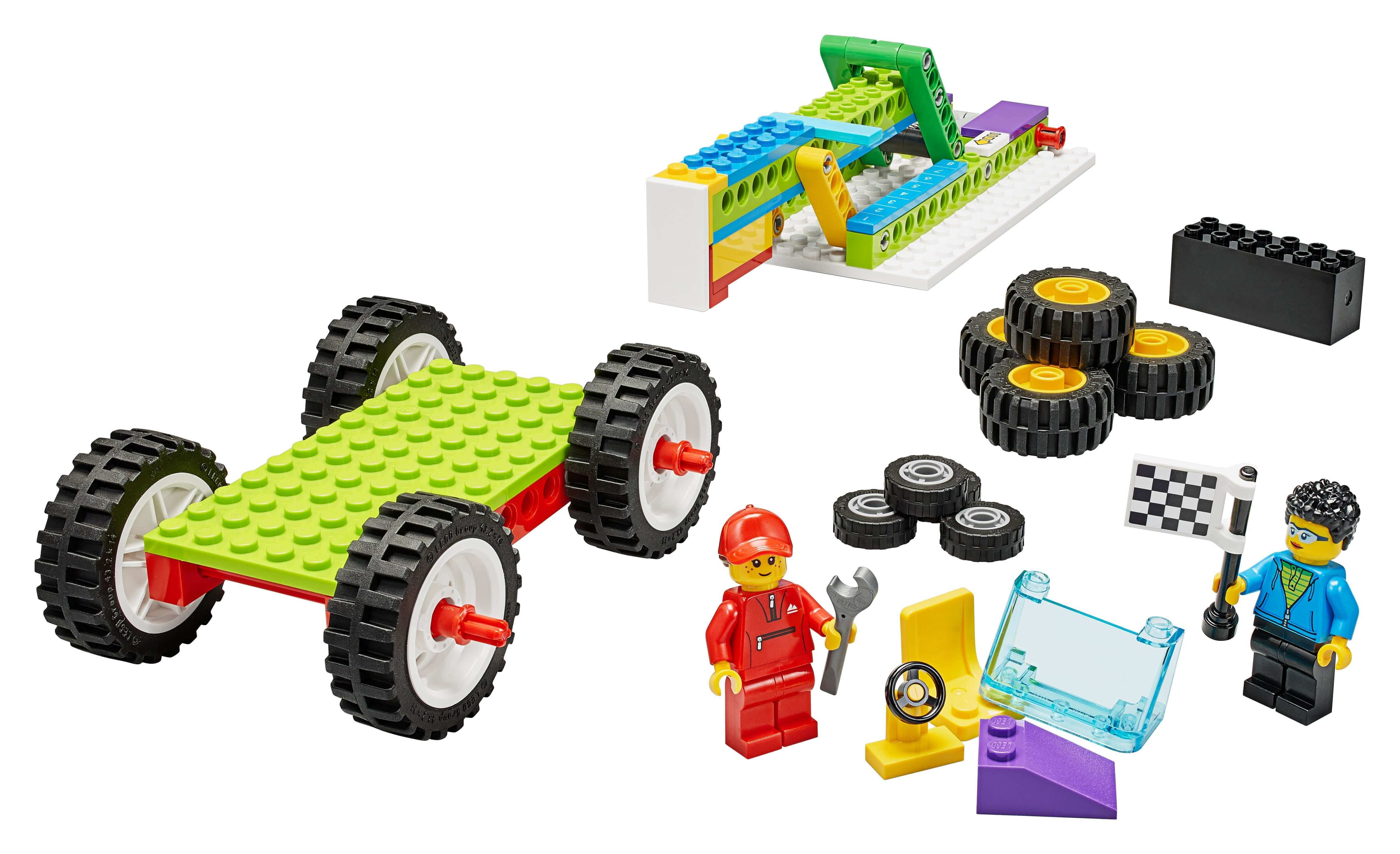 LEGO® Education BricQ Motion Essential Set 45401 featuring a colorful vehicle, mini-figures, and building pieces for STEAM learning.