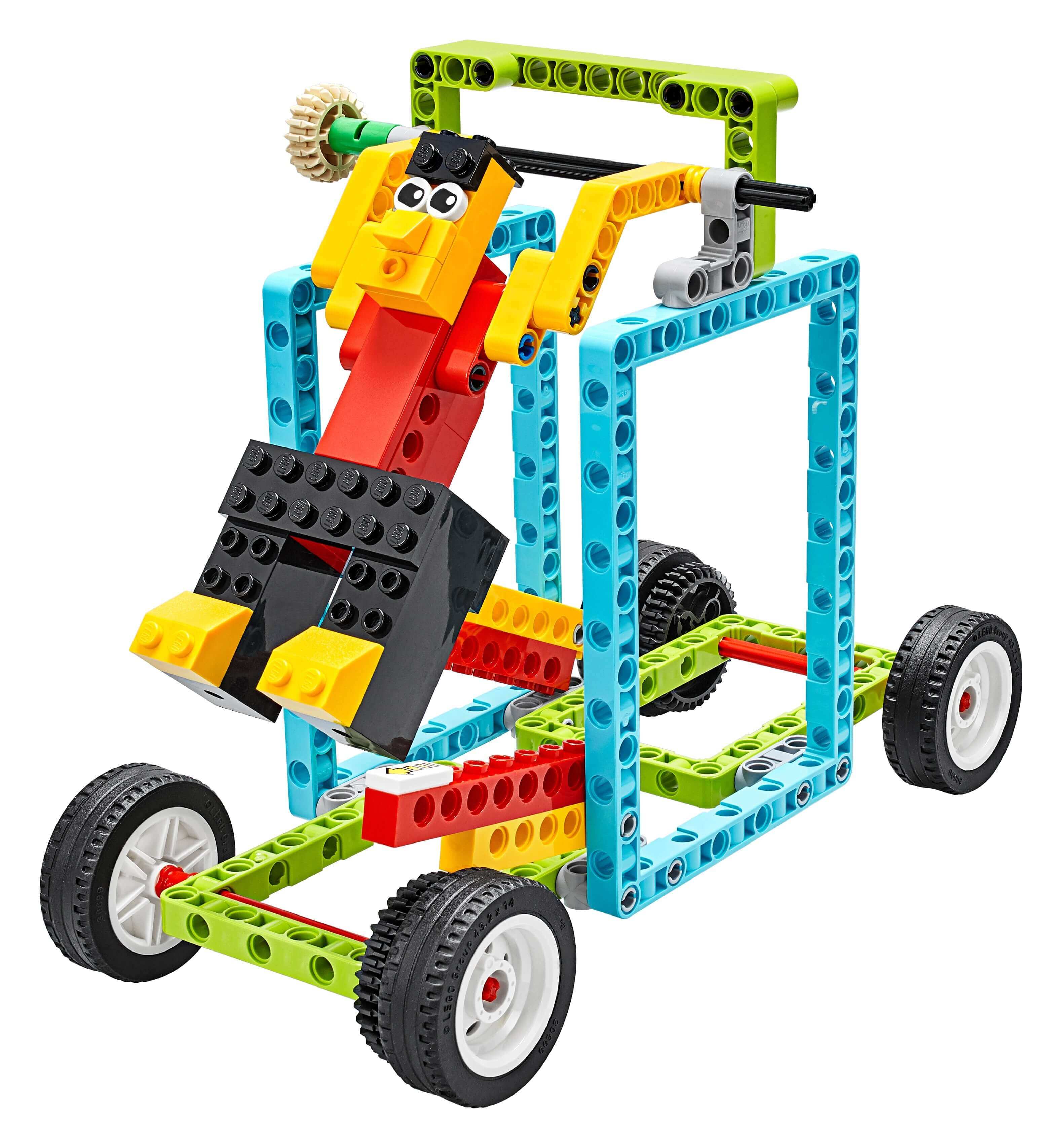 LEGO Education BricQ Motion Prime Set 45400: colorful LEGO cart with a figure, promoting hands-on STEAM learning.
