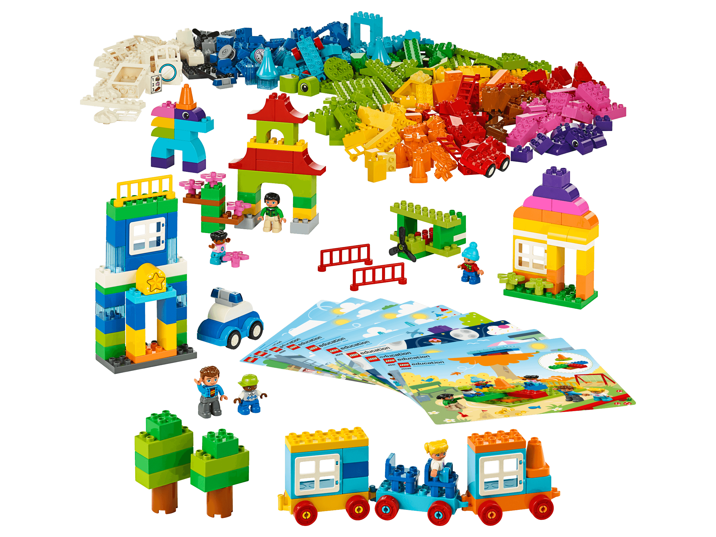 Colorful LEGO® Education My XL World 45028 set for preschool learning through play, featuring buildings and role-play elements.