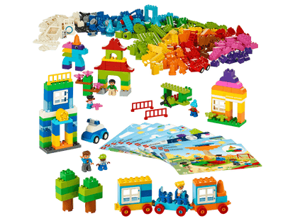 Colorful LEGO® Education My XL World 45028 set for preschool learning through play, featuring buildings and role-play elements.