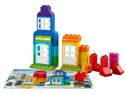 Colorful LEGO® Education My XL World 45028 set with building blocks and instruction sheet for preschool learning activities.