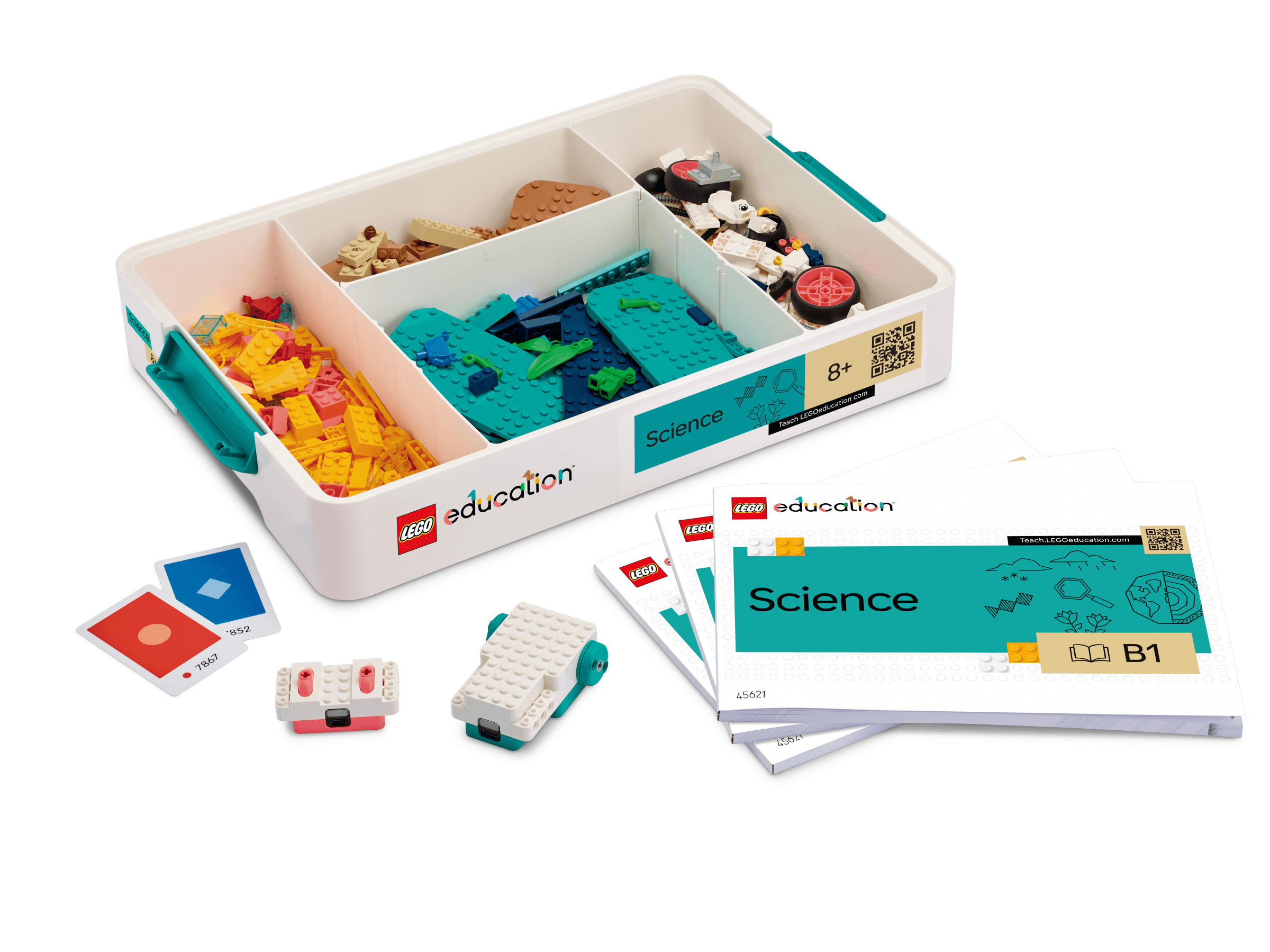 LEGO Education Science kit with building pieces and lesson cards for Year 4-6 hands-on learning and collaboration.