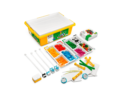 LEGO® Education SPIKE Essential Bundle and a FREE LEGO® Education BricQ Motion Essential Set with colorful components.