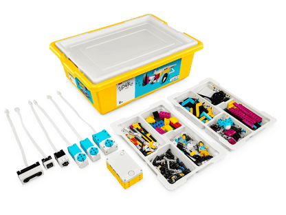 LEGO® Education SPIKE PRIME Bundle and a FREE LEGO® Education BricQ Motion PRIME Set components in yellow storage box.
