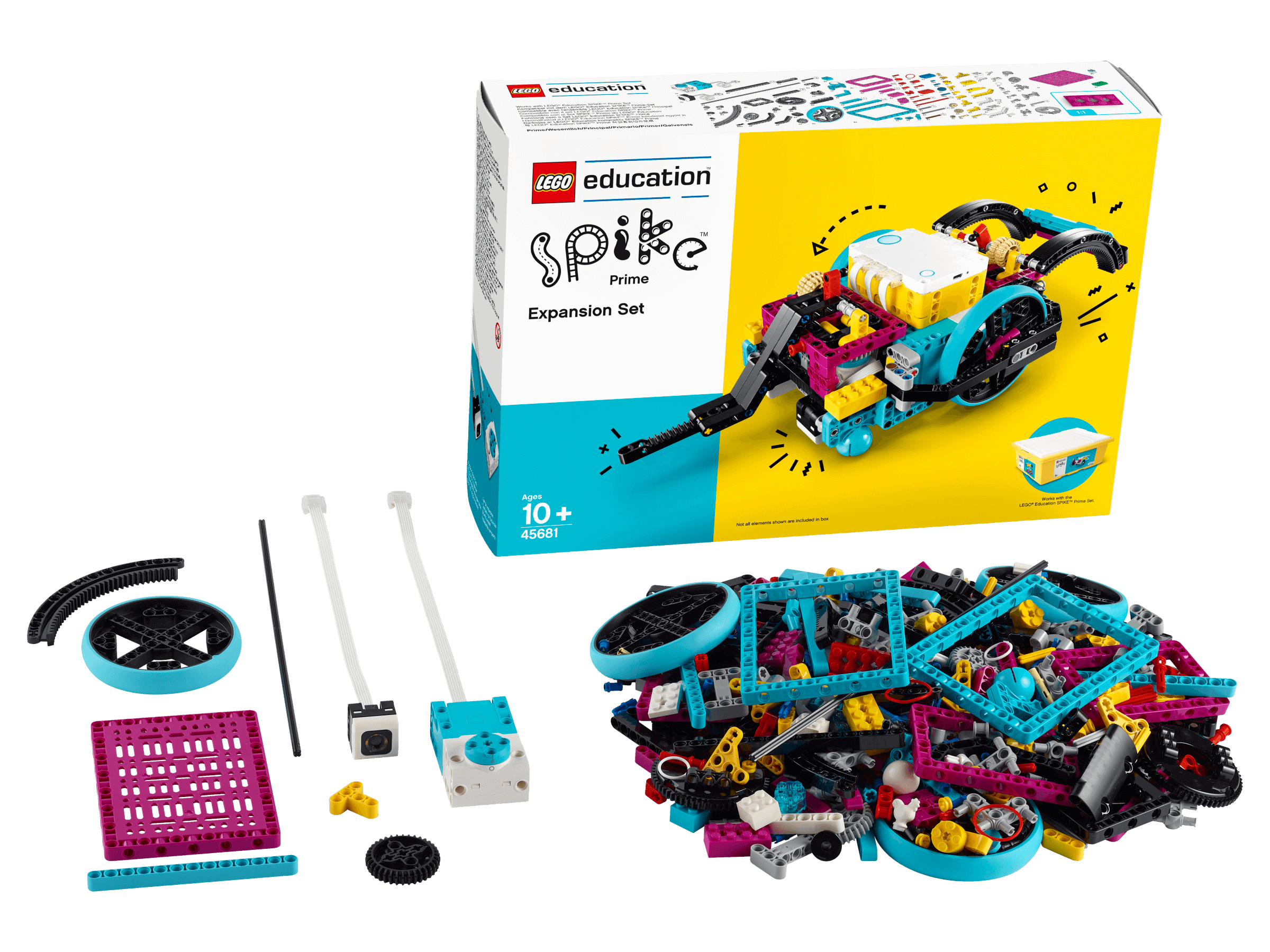 LEGO Education SPIKE Prime Expansion Set 45681 with robotic elements and packaging for STEAM learning and robotics competitions.