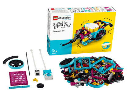 LEGO Education SPIKE Prime Expansion Set 45681 with robotic elements and packaging for STEAM learning and robotics competitions.