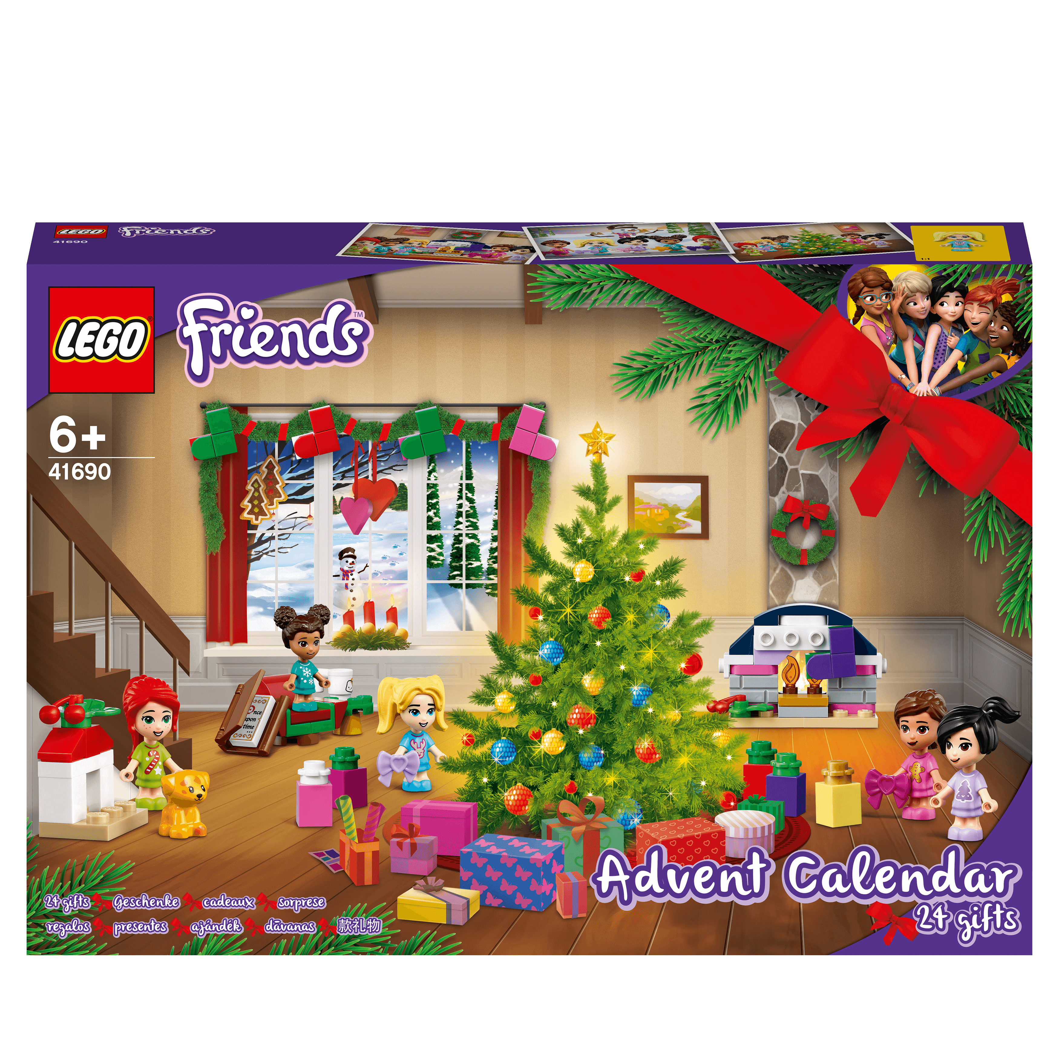 LEGO Friends Advent Calendar box featuring festive scene and 24 gifts for kids to countdown to Christmas.