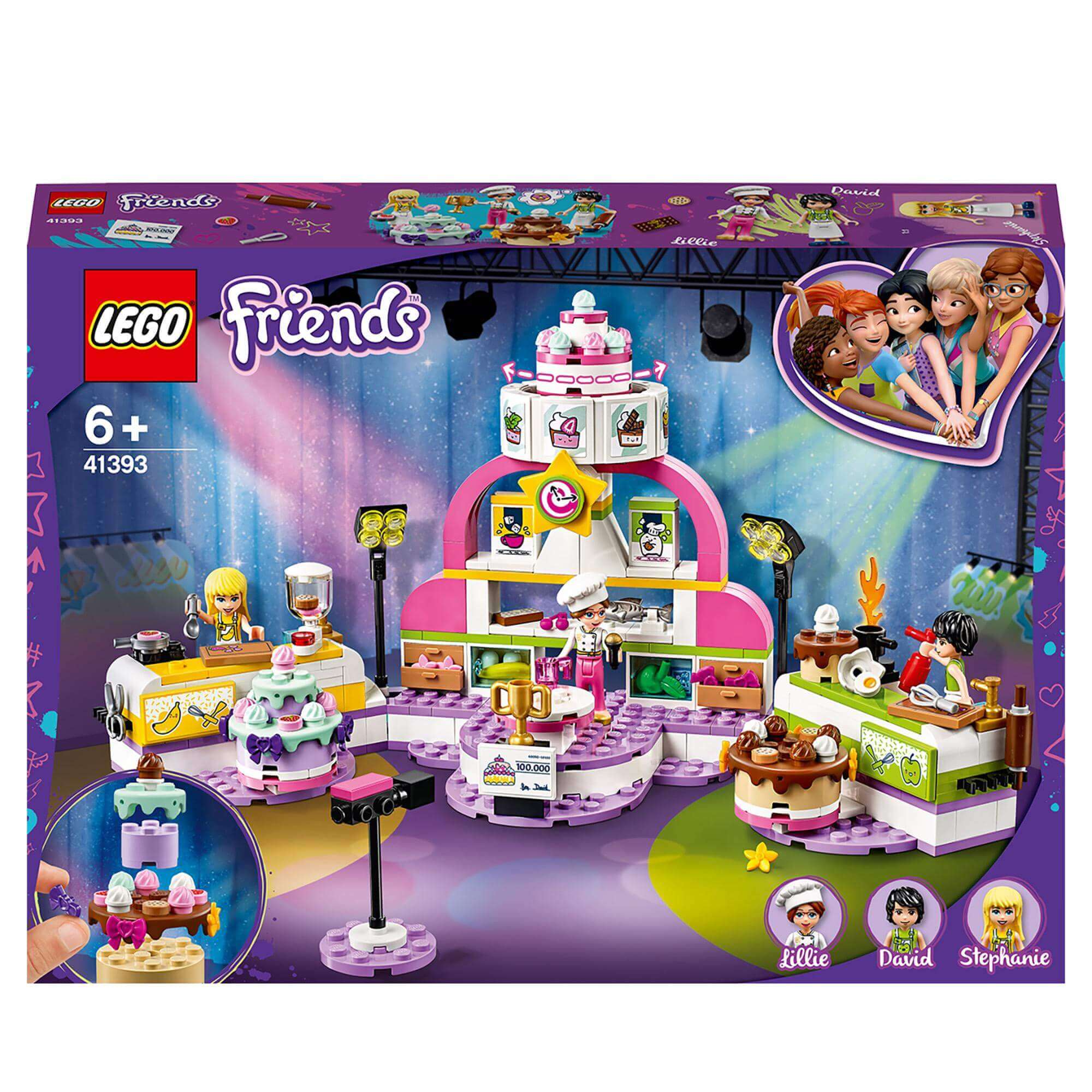 LEGO Friends Baking Competition Playset 41393 with colorful cake decorations, characters, and baking accessories.