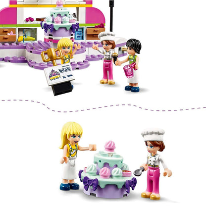 LEGO Friends Baking Competition Playset 41393 with mini-dolls and decorated cakes, encouraging creativity in kids.